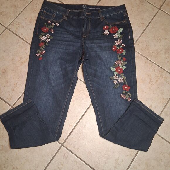 Soho Relaxed Boyfriend Women 12 Embroider all over Floral Blue Ankle Denim Jeans - Picture 1 of 6